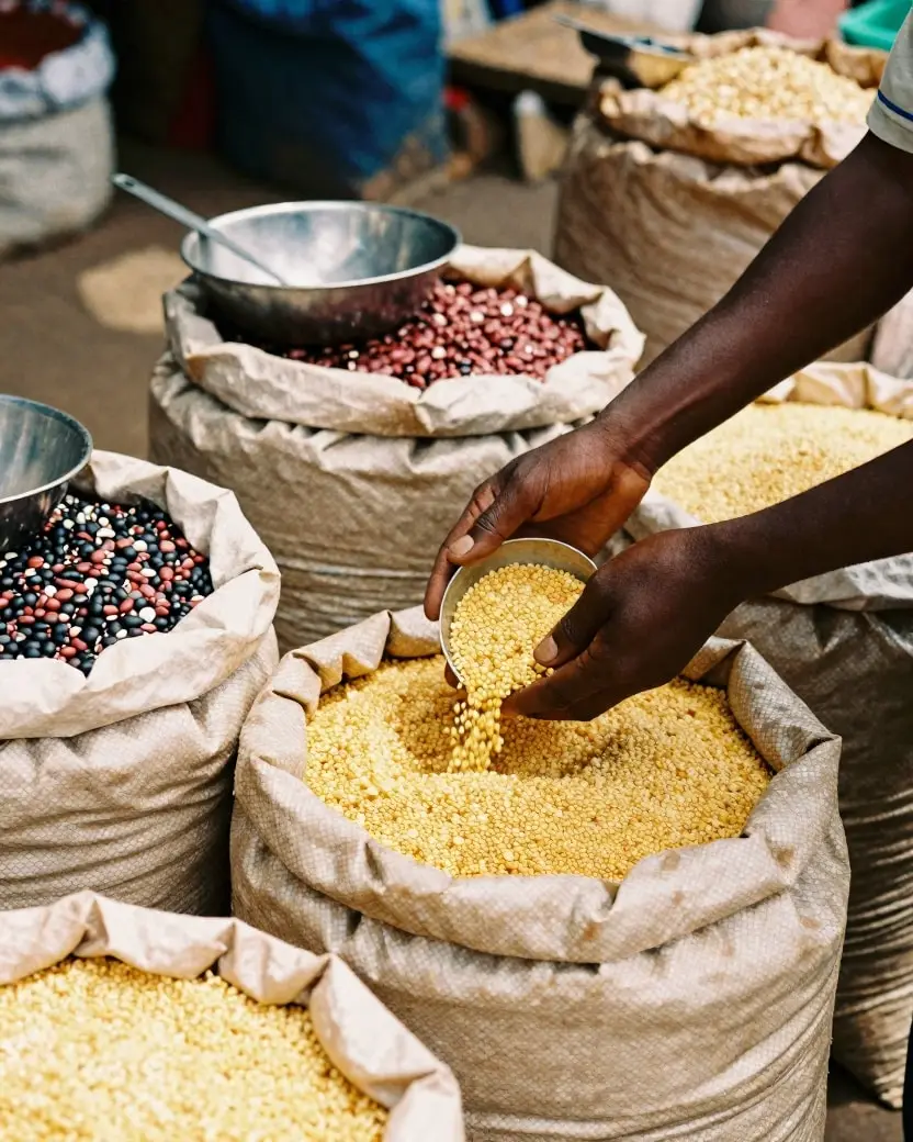 Open sacks of maize and beans at a grain market