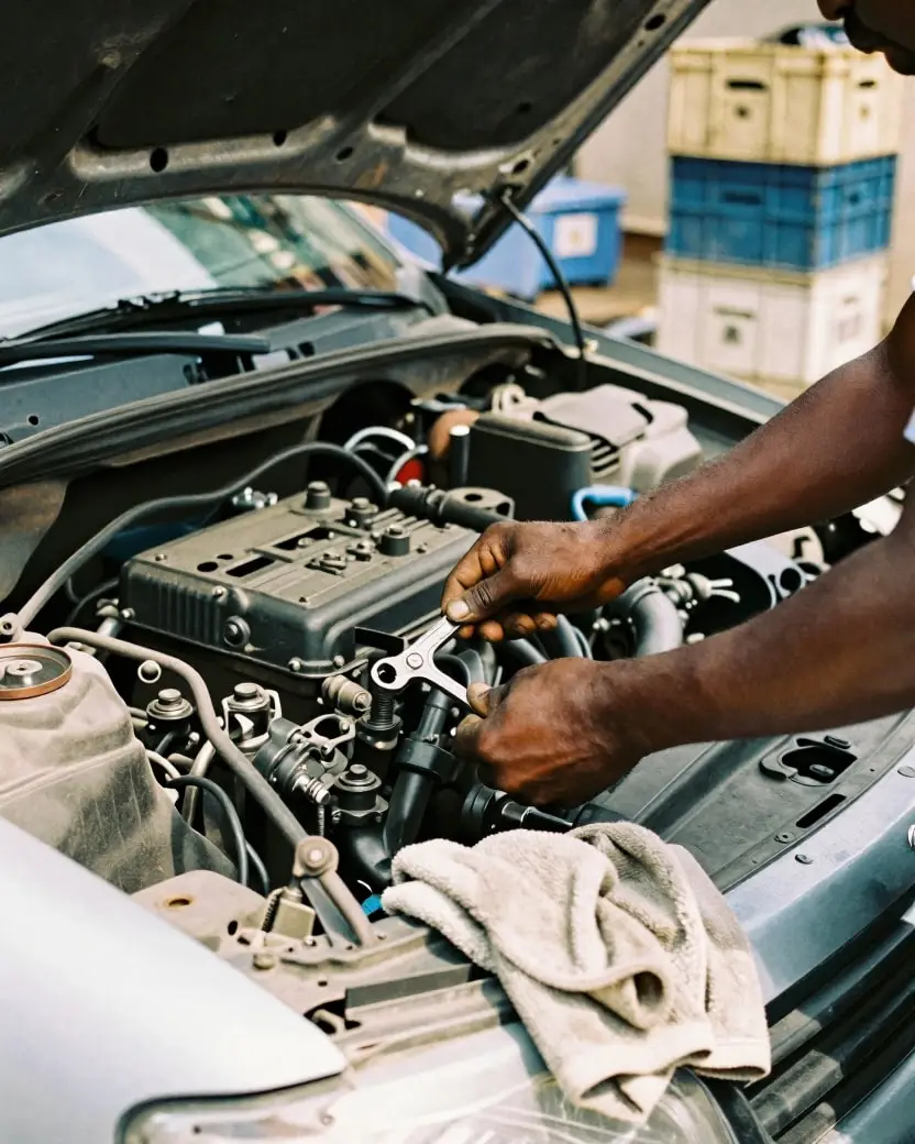 A mechanic working on a car engine with a spanner