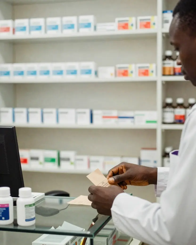 A pharmacist placing a paper bag on a pharmacy counter