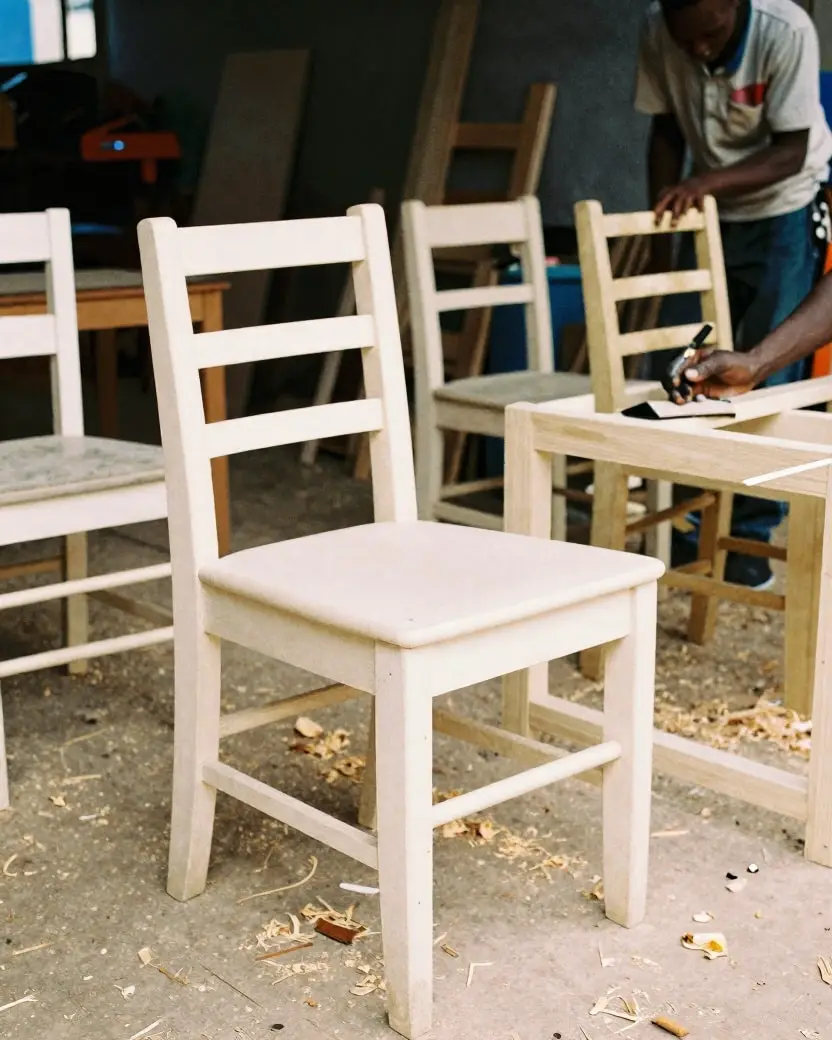 Newly made wooden chairs at a roadside carpentry workshop