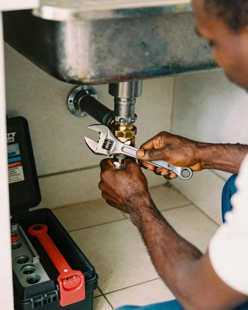 A plumber working under a kitchen sink