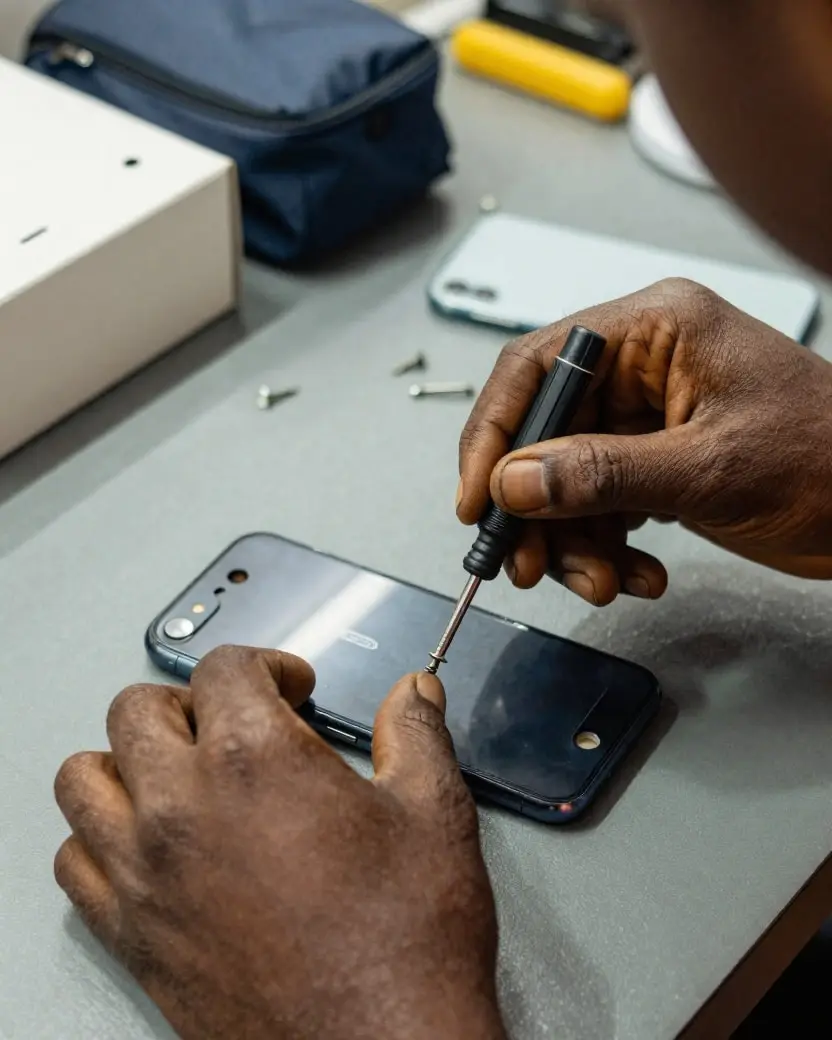A technician repairing a smartphone