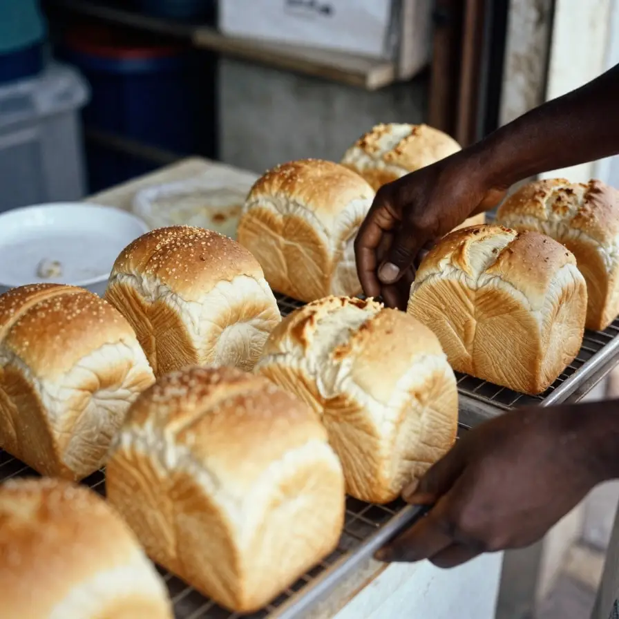 Loaves cooling on a rack in a bakery