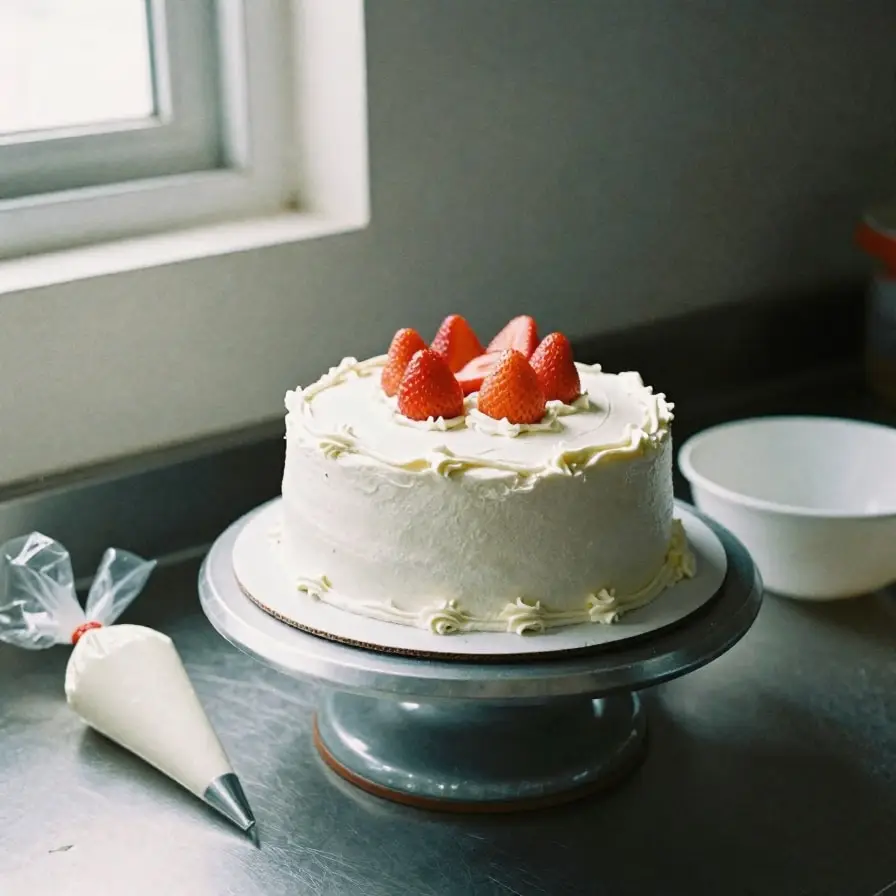 A white buttercream birthday cake with strawberries