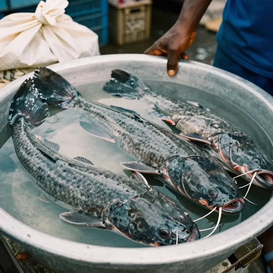 Fresh catfish in a basin of water