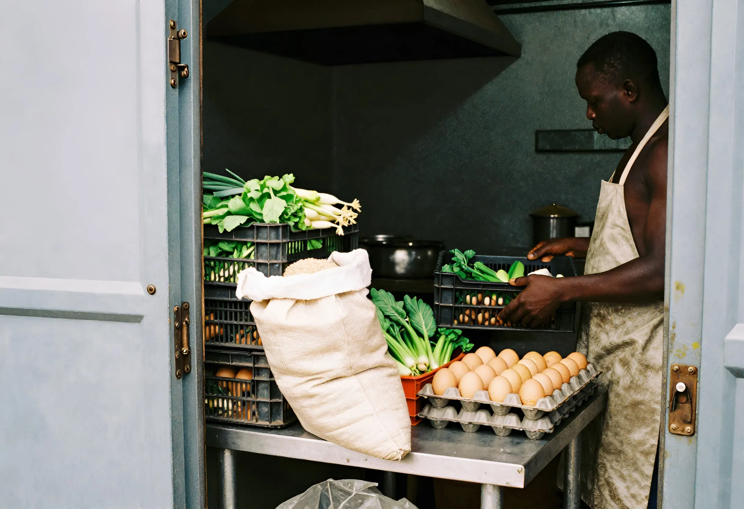 A cook checking crates of vegetables and eggs delivered to a restaurant kitchen