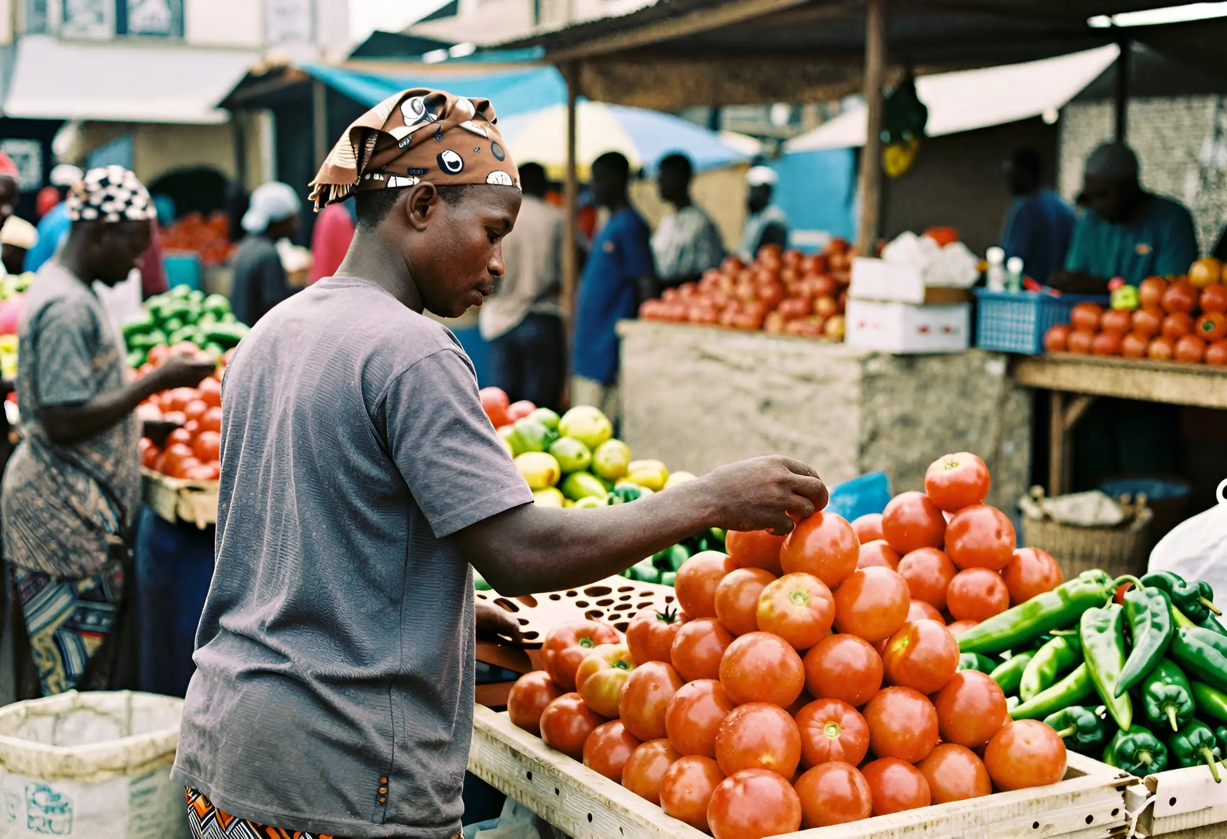 A market trader arranging tomatoes and peppers at her stall