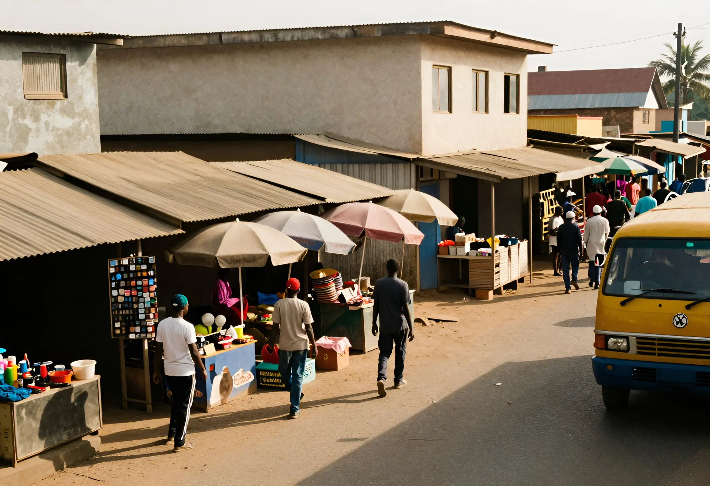 A busy commercial street lined with small shops and roadside stalls in late afternoon