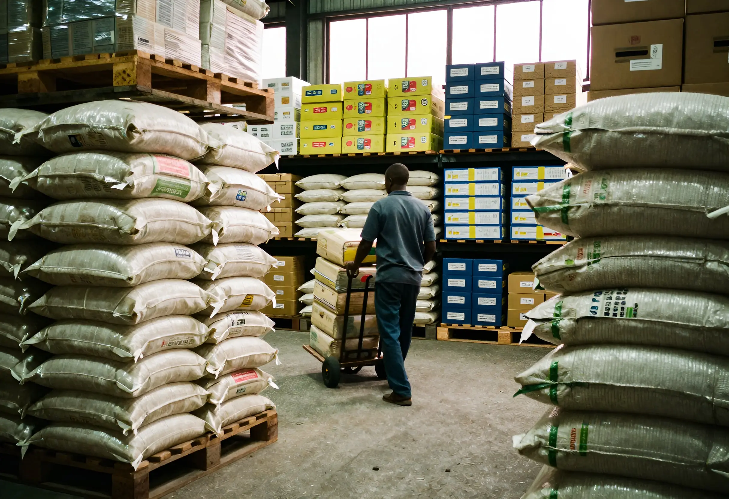 A worker moving cartons on a hand trolley down a wholesale warehouse aisle